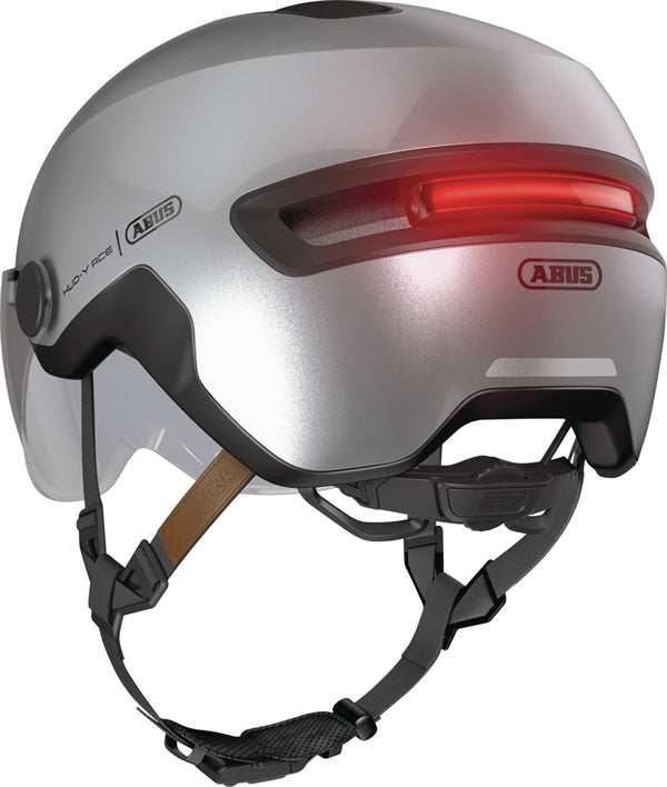 Abus Hud-Y Ace Gleam Silver. Grå cykelhjelm med visir