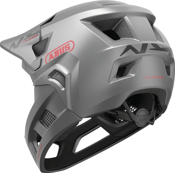 Abus Youdrop FF Ti Silver 48-55 cm. Grå fullface cykelhjelm til børn med kæbebeskytter