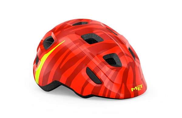 Met Hooray Mips Red Zebra Glossy Grønt spænde rød zebra stribet cykelhjelm til børn med mips og grønt spænde